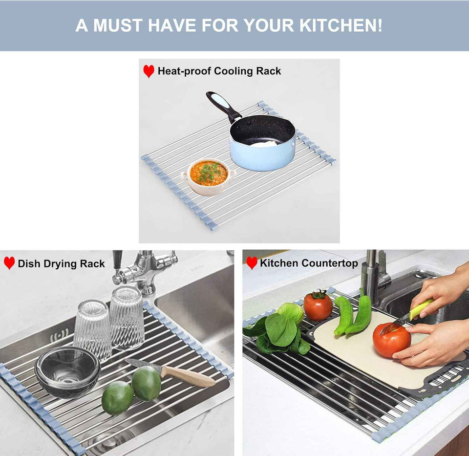 MECHEER Over The Sink Dish Drying Rack, Roll Up Dish Drying Rack Kitchen Dish Rack Stainless Steel Sink Drying Rack, Foldable Dish Drainer, Gray