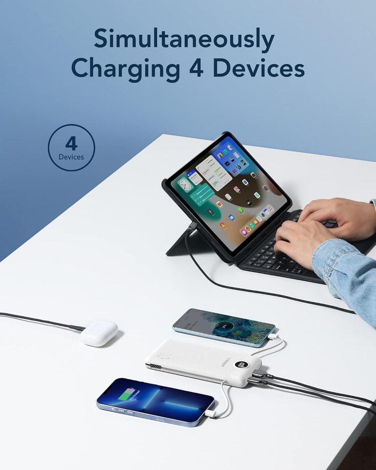 VEGER Portable Charger for iPhone Built in Cables and Wall Plug, 10000mah Slim Fast Charging USB C Power Bank, Travel Essential Battery Pack Compatible with iPhones, iPad, Samsung More Devices(White)