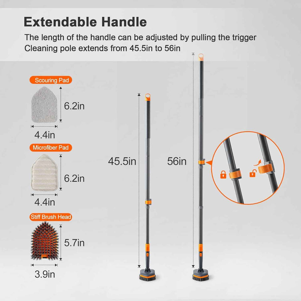Tile Tub Scrubber Brush - Extendable Long Handle, 3 Cleaning Heads, No-Scratch Shower Scrubber for Bathroom, Kitchen, Toilet