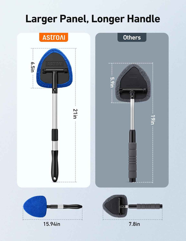 AstroAI Windshield Cleaner Tool, Car Interior Detailing Cleaning Kit with Extendable Handle and 4 Upgraded High-Density Reusable Microfiber Pads, Auto Glass Wiper Brush Kit for Cars, Blue, 15.9in-21in