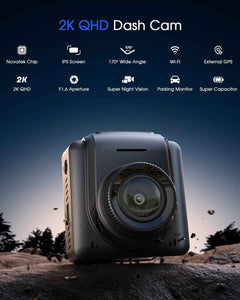 Avylet 2K WiFi dash cam with APP, External GPS, 1.5" IPS screen, WDR night vision, 24H parking monitor, loop recording, and G-sensor for cars