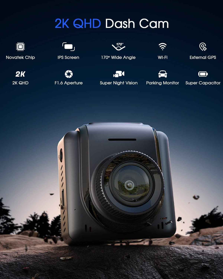 Avylet 2K WiFi dash cam with APP, External GPS, 1.5" IPS screen, WDR night vision, 24H parking monitor, loop recording, and G-sensor for cars