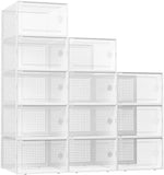 Kuject X-Large Shoe Storage Boxes Organizers Clear Plastic Stackable 12 Pack, Shoe Rack & Holder Substitute, Sneaker Containers, Toy Storage Organizer Bins for Entryway, Closet, Under Bed, Black
