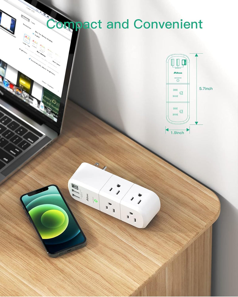 mifaso 3 sided swivel rotating plug surge protector with 6 ac multi plug wall outlets and 3 usb ports