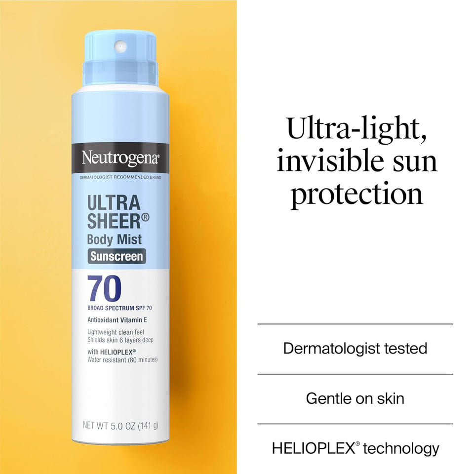 neutrogena ultra sheer body mist sunscreen spray, 3-pack, broad spectrum spf 70, non-greasy & water resistant