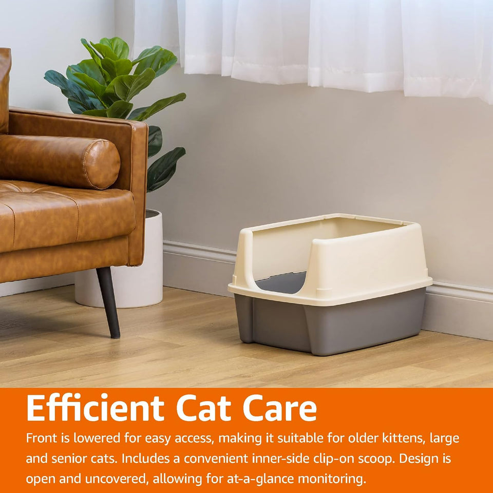 Basics Large Cat Litter Box with High Sides, Open Top, Includes Scoop, 19 x 15 x 11.75 inches, Grey/Beige