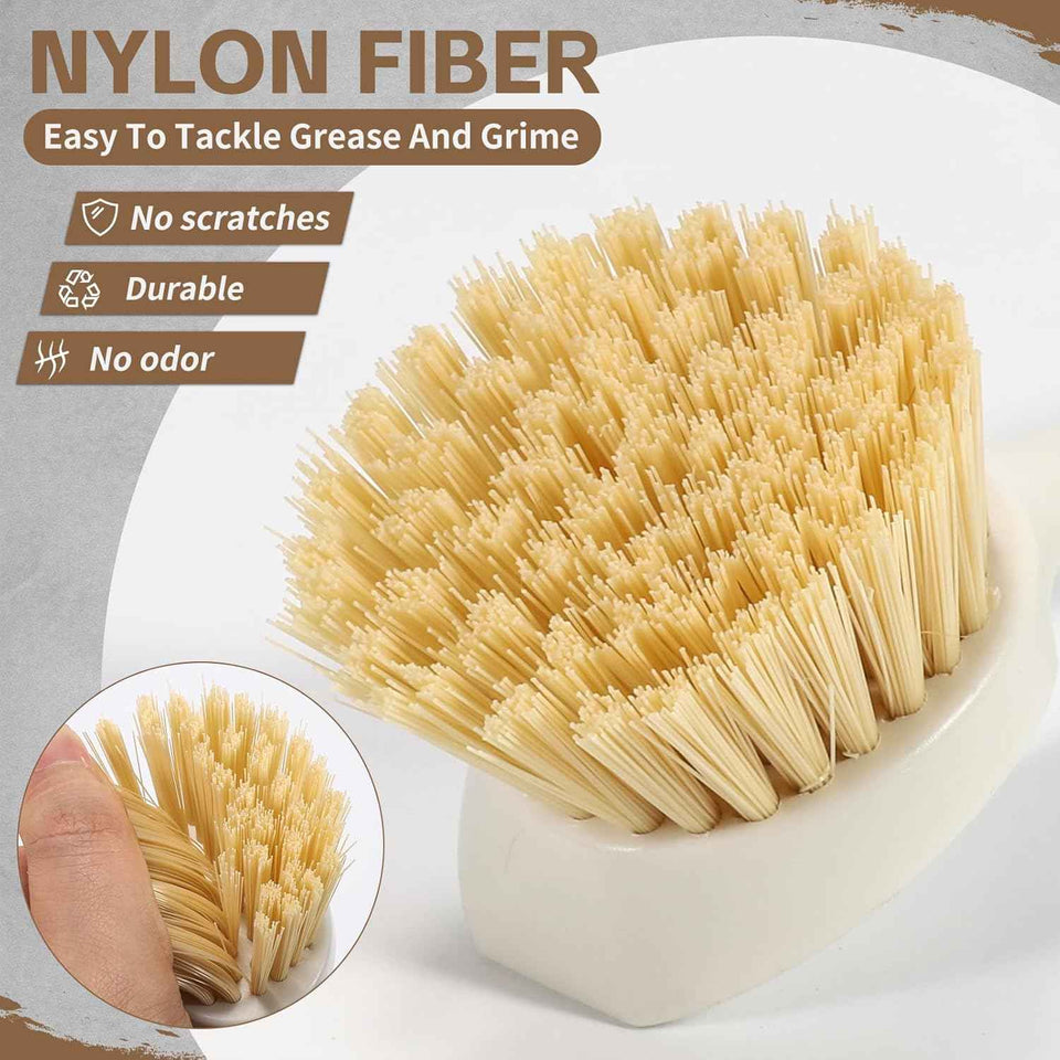 Bamboo dish scrubber brush set with built-in scraper for eco-friendly kitchen cleaning