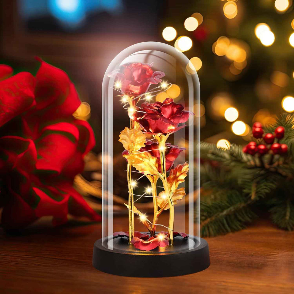 Red Valentines Day rose gift for her, women's light up glass rose in a dome, birthday gifts for women