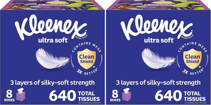 Kleenex Ultra Soft Facial Tissues, 8 Cube Boxes, 80 Tissues per Box, 3-Ply, Packaging May Vary