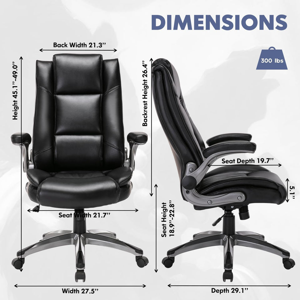 COLAMY Leather Executive Office Chair - High Back Home Computer Desk Chair with Padded Flip-up Arms, Adjustable Tilt Lock, Swivel Rolling Ergonomic Chair for Adult Working Study, Black