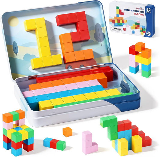 52 PCS Magnetic Blocks with Metal Box, 0.8in Mini Building Cubes Protable Travel Airplane Classroom Toys for Kids Ages 3+, STEM Educational Building Set for Toddlers Boys & Girls Birthday Gifts