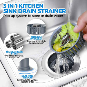 Stainless Steel 3 in 1 Kitchen Sink Drain Strainer & Stopper with Anti-Clogging Basket, fits US Standard 3-1/2'' Sink Drain Hole, Silver