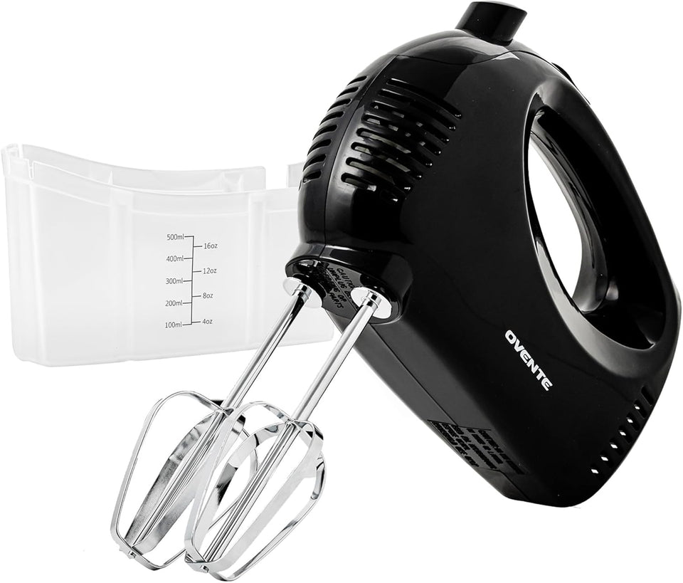OVENTE 5-Speed Corded Electric Hand Mixer with Stainless Steel Whisks, Compact Portable Design with Snap-On Storage Case,150W Lightweight Handheld Mixer for Baking & Cooking, Black HM151B