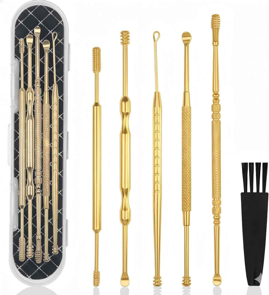 hion 6 pc extended ear wax removal kit with 316l stainless steel curette and cleaning brush for kid adult gold