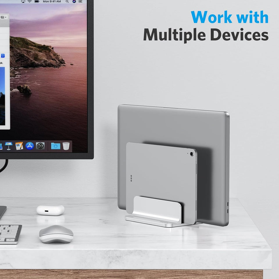 OMOTON [Updated Dock Version] Vertical Laptop Stand, Double Desktop Stand Holder with Adjustable Dock (Up to 17.3 inch), Fits All MacBok/Surface/Samsung/HP/Dell/Chrome Book (Silver)
