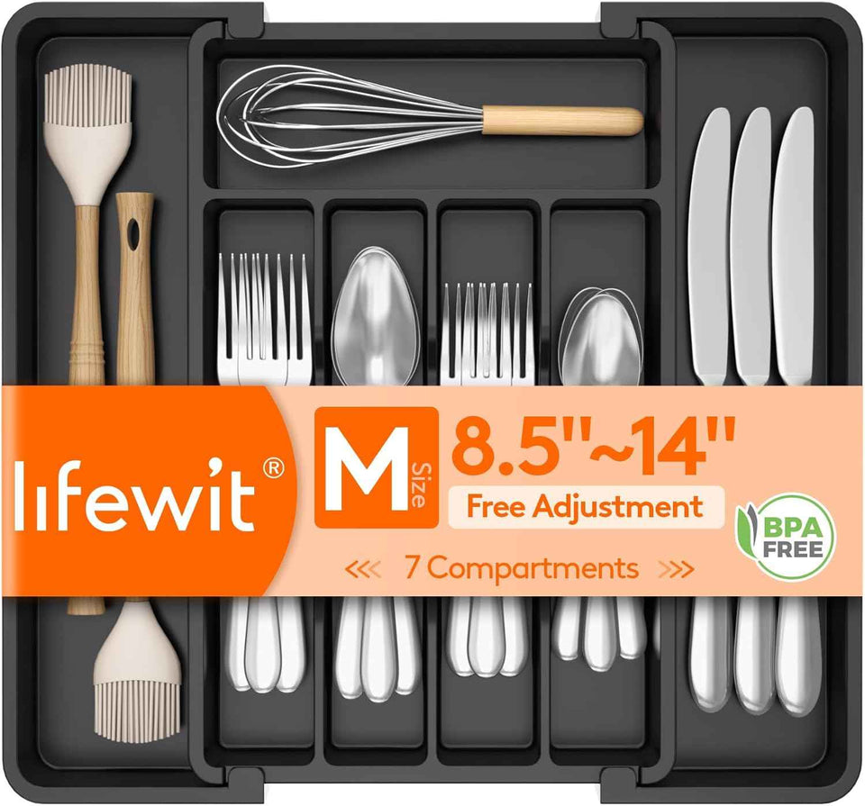 Lifewit Silverware Drawer Organizer with Adjustable Expandable Utensil Tray for Kitchen, BPA Free Flatware and Cutlery Holder
