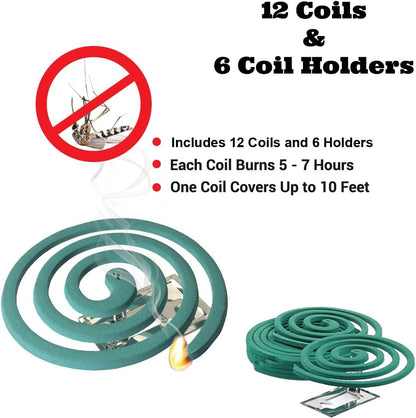 W4W Mosquito Repellent Coils - Outdoor Use Reaches Up to 10 feet - Each Burns for 5-7 Hours (Three Pack Contains 12 coils & 6 Stands)