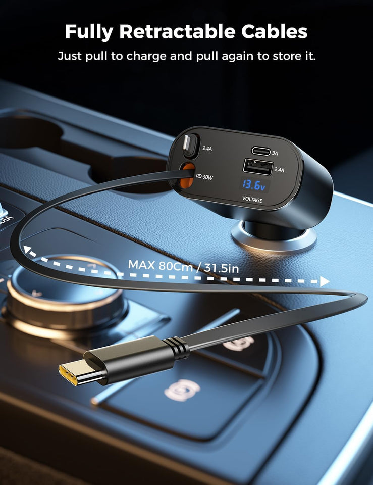 ‹ېUpgraded‹ÛÔ SUPERONE Retractable Car Charger 4 in 1, Fast Car Phone Charger with Cord 2.6ft, USB C and Apple Car Adapter, Compatible with iPhone 17 16 15/15 Pro Max/14/13/12/11, Galaxy, Pixel - Zynora