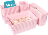 Vtopmart 44 PCS Clear Plastic Drawer Organizers Set, 4-Size Versatile Bathroom and Vanity Organizer Trays, Non-Slip Storage Containers for Makeup, Jewelries, Bedroom，Kitchen Utensils and Office