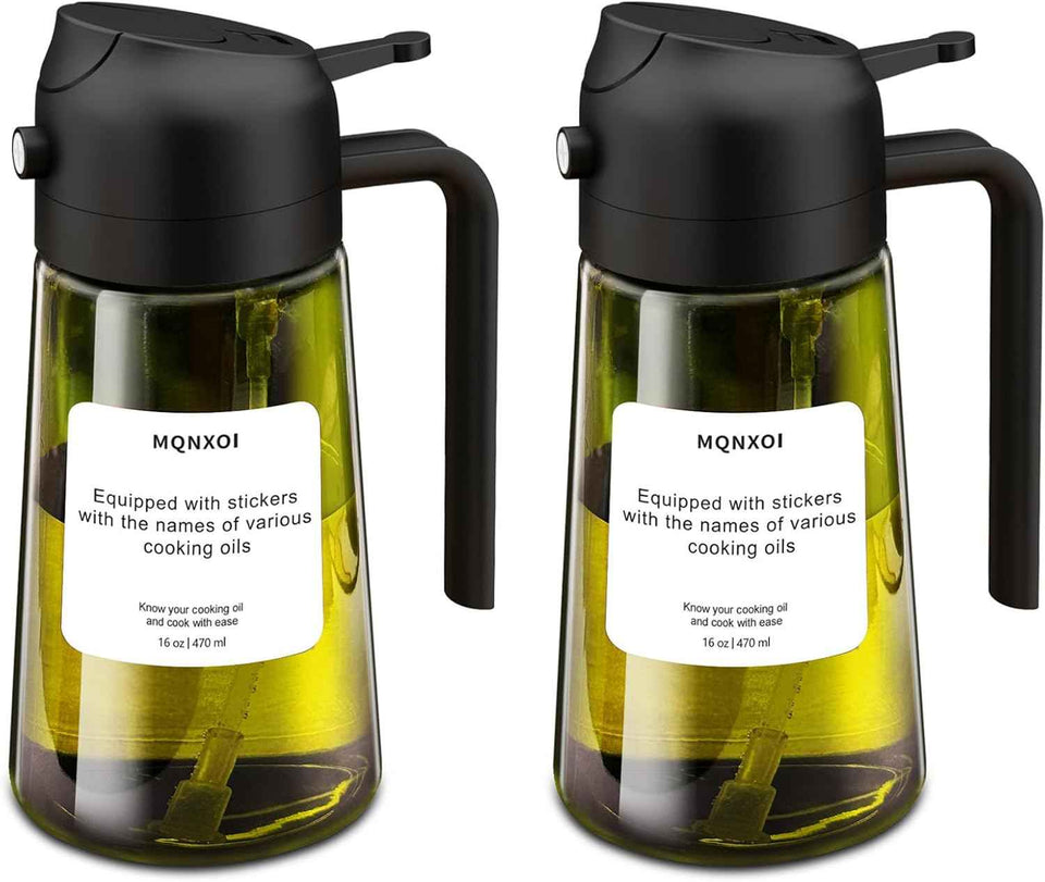 2 in 1 Glass Oil Sprayer & Dispenser,16oz/470ml Olive Cooking, Air Fryer, and Salad, for Kitchen Gadgets and Air Fryer Accessories, w/Stickers (Black)