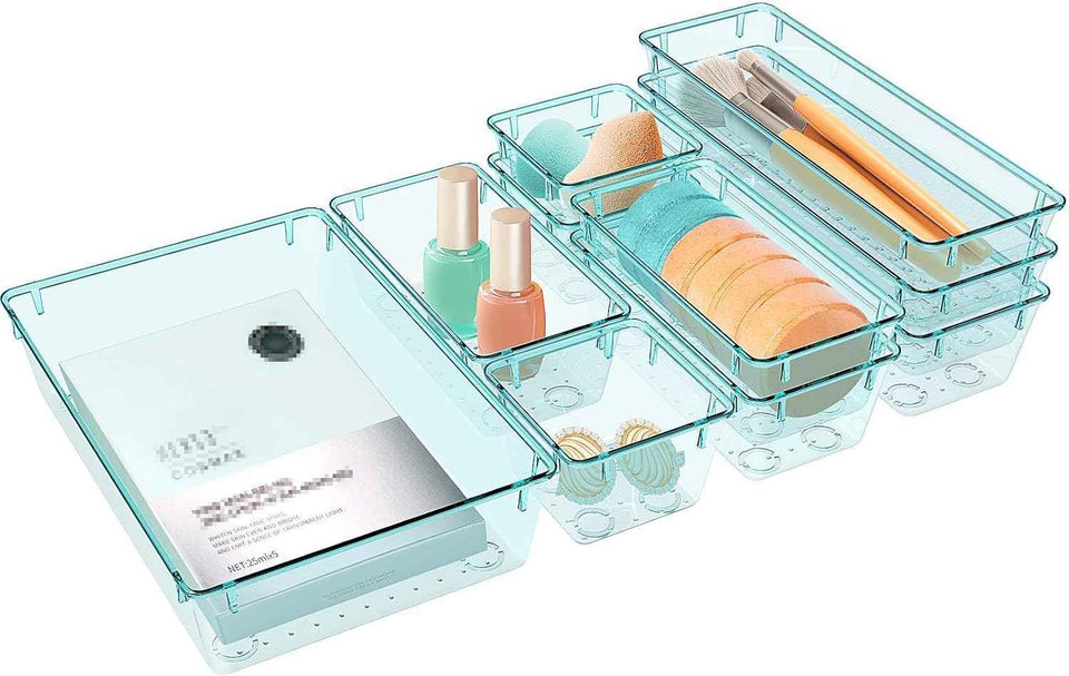 16 PCS Drawer Organizer Set, 5 Varied Size Bathroom and kitchen Drawer cabinet organizer Trays, Clear Storage Bins for Makeup, Jewelry, Utensils and Gadgets