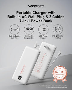 VEEKTOMX Portable Charger with Built in Cables 10000mAh, Power Bank for iPhone with AC Wall Plug, Fast Charging USB C Slim Battery Pack with LED Display Compatible with iPhone 17/16/15/14, Samsung