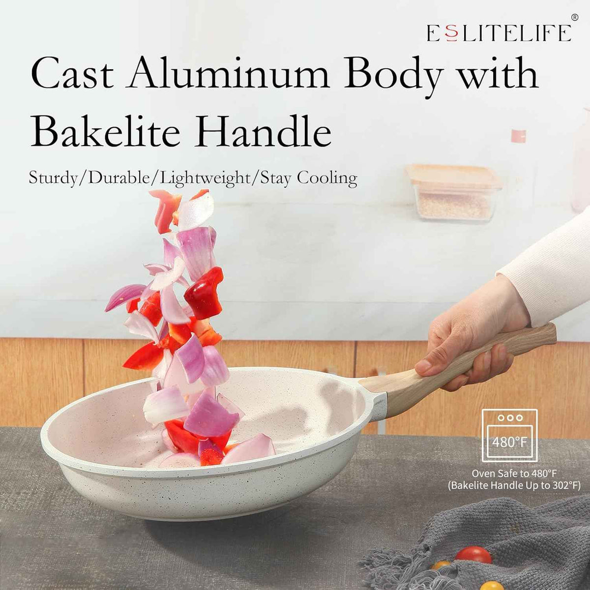 ESLITE LIFE Nonstick Ceramic Frying Pan Skillet, Non-Toxic Egg Omelette Kitchen Cooking Pans Compatible with All Stovetops (Gas, Electric & Induction), PTFE & PFOA Free (White, 8'')