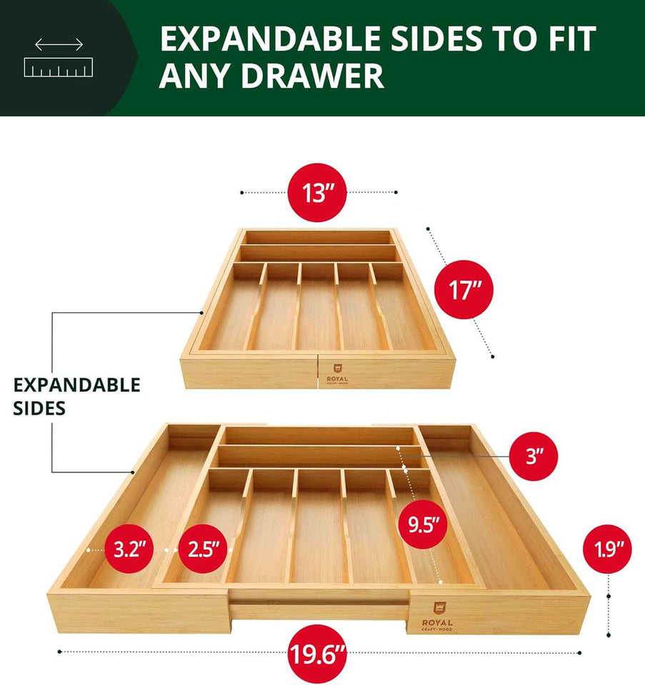 Royal Craft Wood Luxury Bamboo Kitchen Drawer Organizer - 9 Slot Silverware Organizer for Flatware, Utensil Holder & Cutlery Tray Drawer Dividers in Natural