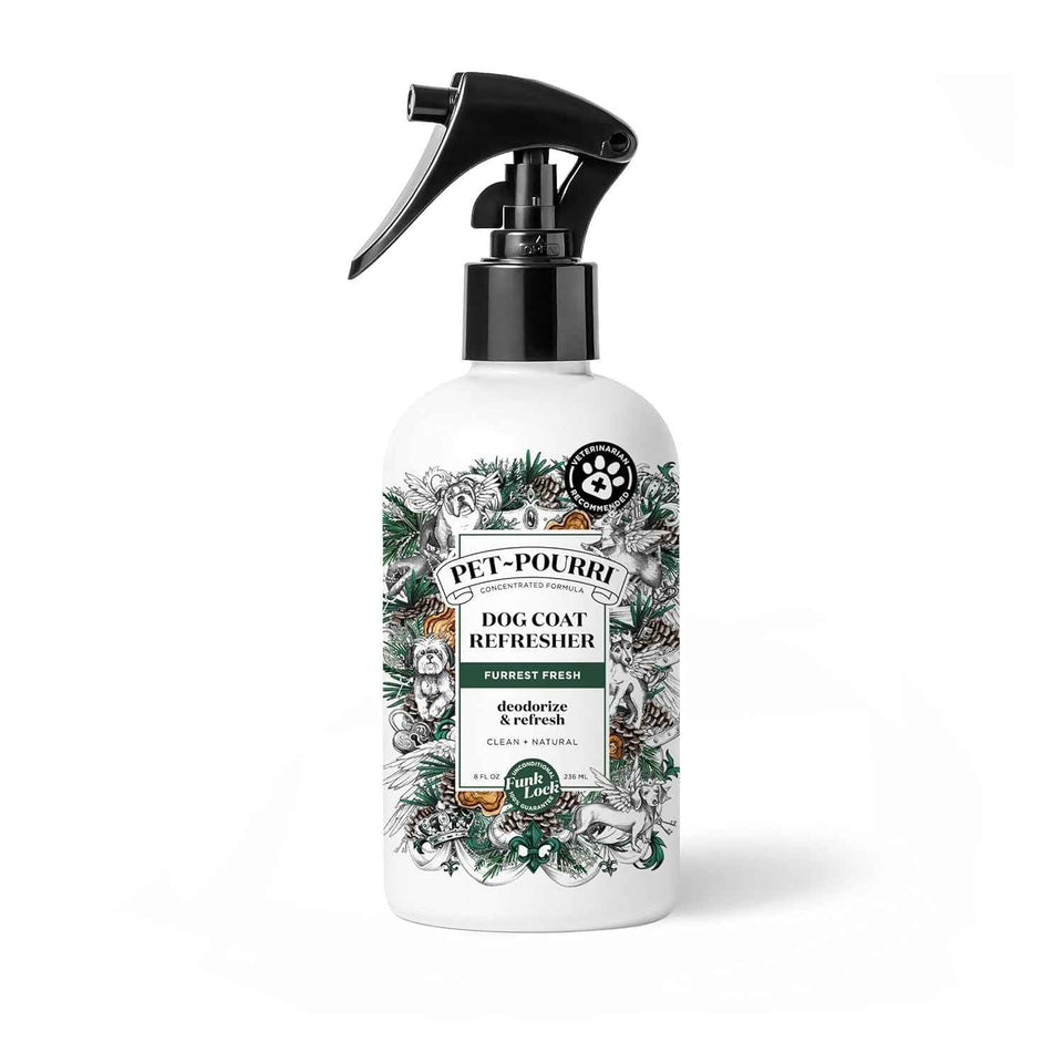Poo-Pourri Furrest Fresh Dog Deodorizing Spray, 8 Fl Oz Grooming Perfume for Dog Coat, Pet Odor Neutralizer with Essential Oils, Vet Recommended, Paraben & Sulfate-Free Fir, Amber, & Cedarwood Scent