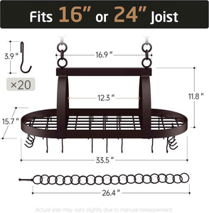 KES 34 inch Oiled Bronze Hanging Pot Rack with 20 Hooks for Kitchen Ceiling Mount, Heavy Duty Oval Pot Pan Hangers for 16 and 24 inch Joist Mount