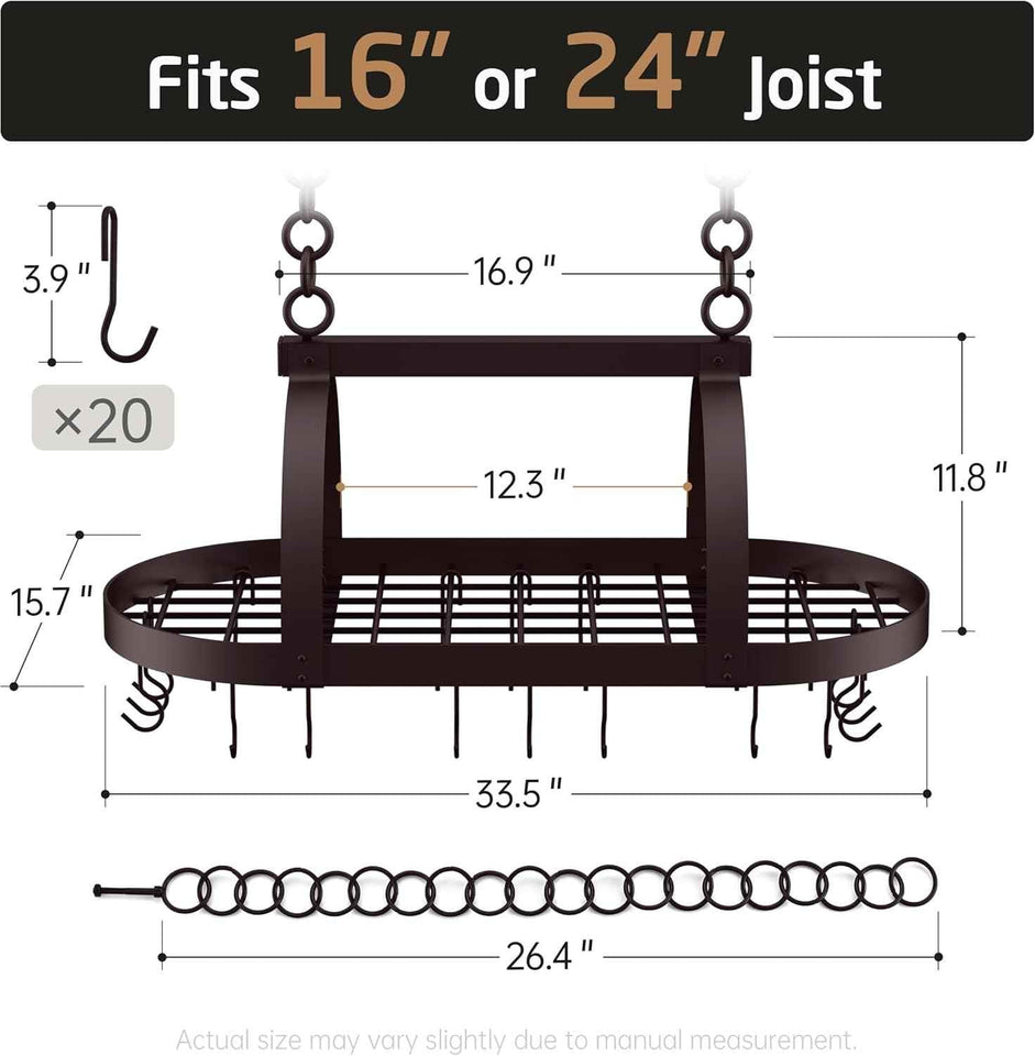 KES 34 inch Oiled Bronze Hanging Pot Rack with 20 Hooks for Kitchen Ceiling Mount, Heavy Duty Oval Pot Pan Hangers for 16 and 24 inch Joist Mount