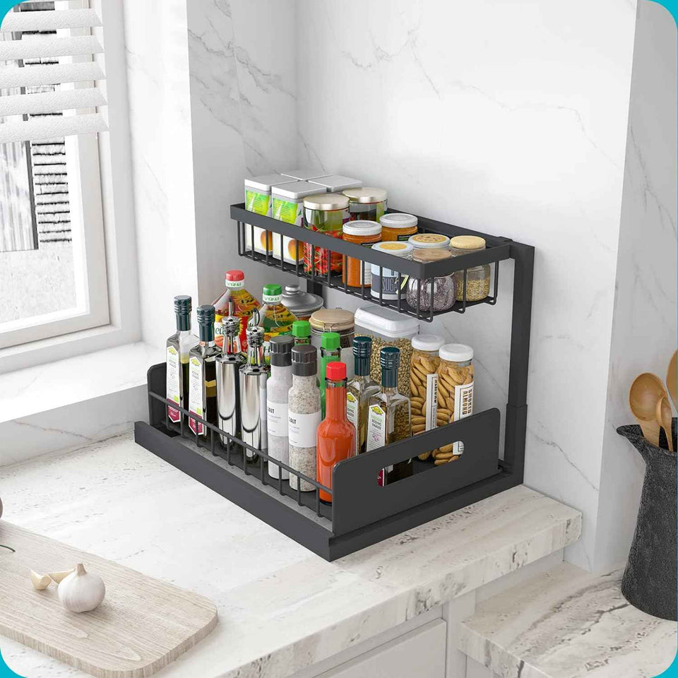 REALINN Black 2-Tier Under Sink Organizer with Pull-Out Cabinet Storage and Slide-Out Shelf, Pack of 1