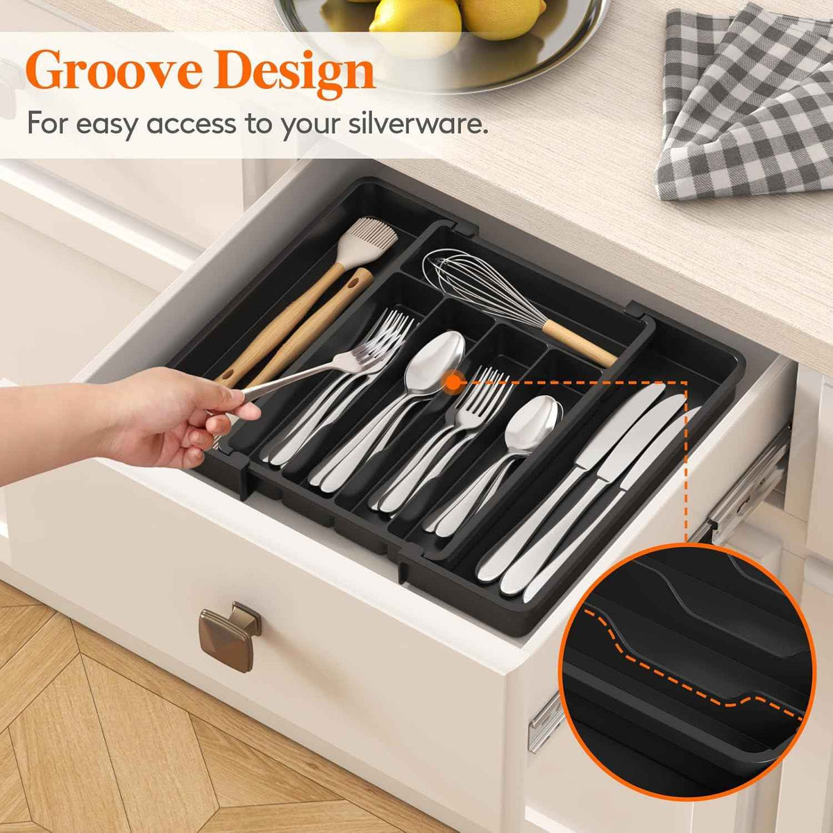 Lifewit Silverware Drawer Organizer, Expandable Utensil Tray for Kitchen, BPA Free Flatware and Cutlery Holder, Adjustable Plastic Storage for Spoons Forks Knives, 8.5-14 x 12", Black