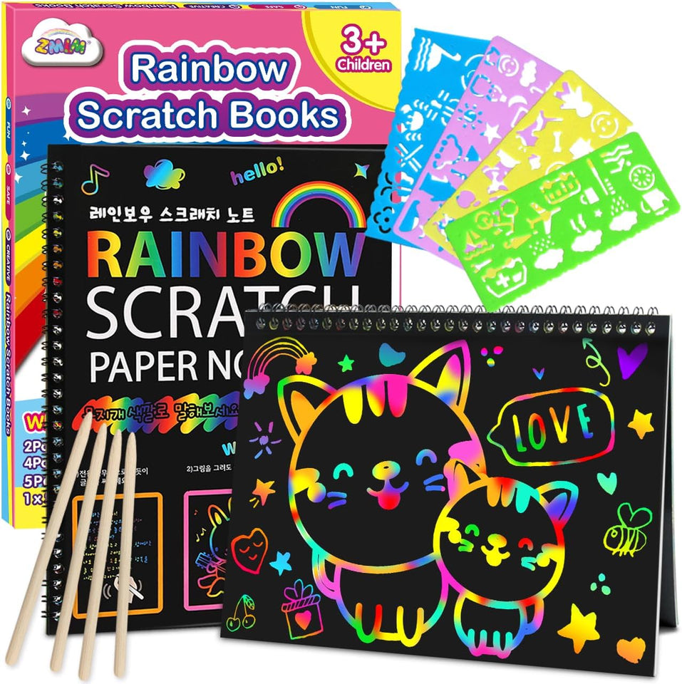 ZMLM Scratch Paper Art-Crafts Gift: 2 Pack Rainbow Notebooks Supplies Toys Easter Basket Stuffers for 3 4 5 6 7 8 9 10 Years Old Girls and Boys Kids Valentine's Day Birthday Party Travel Games (Pink)