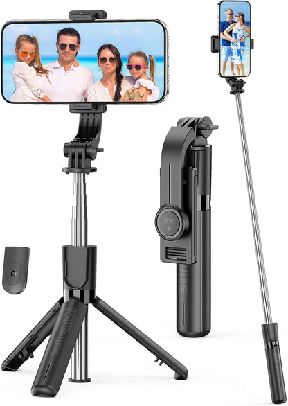 Portable Selfie Stick, 4 in 1 Extendable Phone Tripod Stand with Detachable Wireless Remote & Phone Holder 360° Rotating Mini Travel Tripod Compatible with iPhone 16/15/14/13 Pro/Android/Gopro