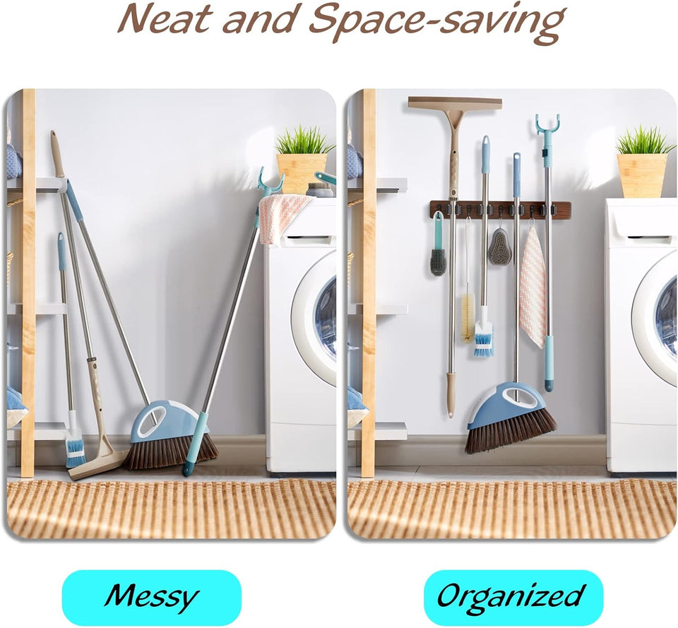 Mop and Broom Holder Wall Mount - Rustic Wood Broom Mop Hanger - Wall Mounted Garden Tool Rack Organizer for Closet Garage Laundry Room Kitchen Decor With 4 Slots & 4 Hooks - Rayz Mart