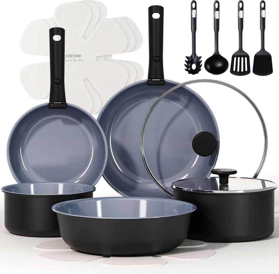 CAROTE 17pcs Pots and Pans Set, Nonstick Cookware Set Detachable Handle, Induction Kitchen Cookware Sets Non Stick with Removable Handle, RV Cookware Set, Oven Safe