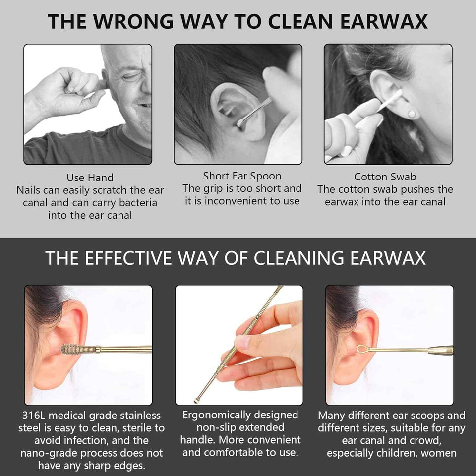 hion 6 pc extended ear wax removal kit with 316l stainless steel curette and cleaning brush for kid adult gold