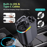 mlvoc 120w fast car charger with retractable 4-in-1 cable and wireless earbuds