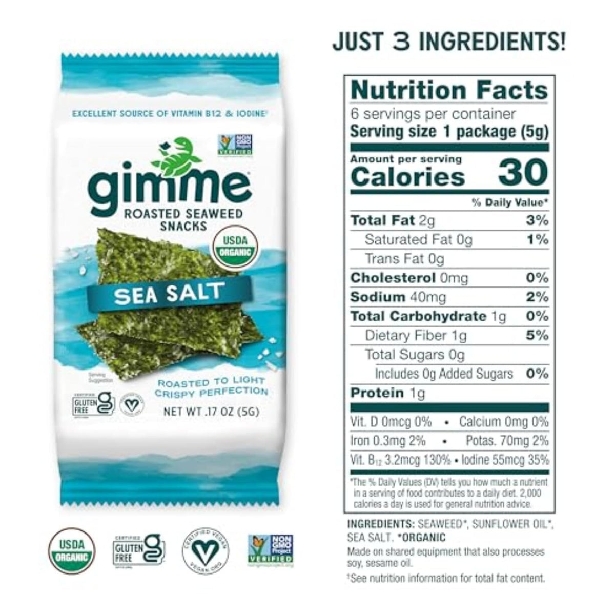 Gimme Seaweed Organic Premium Roasted Seaweed Snacks, Sea Salt, 6 Count, Keto, Vegan, Gluten-Free, Great Source of Omega3s and Iodine, Healthy On-The-Go Snack for Kids and Adults