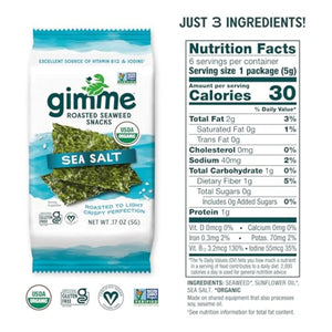 Gimme Seaweed Organic Roasted Seaweed Snacks Sea Salt 6 Count Keto Vegan Gluten-Free Healthy Snack