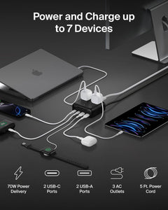 Belkin GaN Charging Station 70W, 7-in-1 Dual USB C Charger w/ 3x AC Outlets, 2x USB A Ports, Power Strip, iPhone Charger Fast Charging, Apple Watch, iPad, MacBook, Chromebook, Samsung Galaxy, Pixel 10