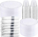 WELLIFE 700 Pieces Gold Plastic Dinnerware Set for 100 Guests - Includes Plates, Cups, Napkins, and Disposable Cutlery - Elegant White & Gold Design, Perfect for Parties and Events