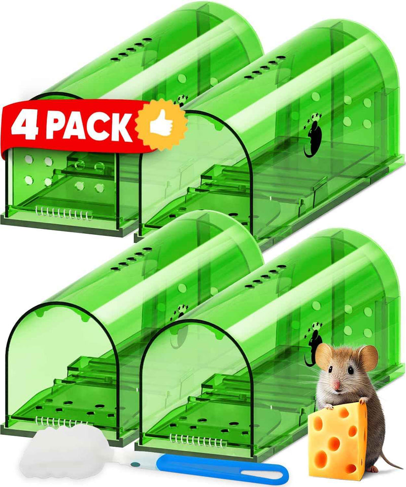 Reusable humane mouse traps, catch and release, easy cleaning, 4 pack with cleaning brush