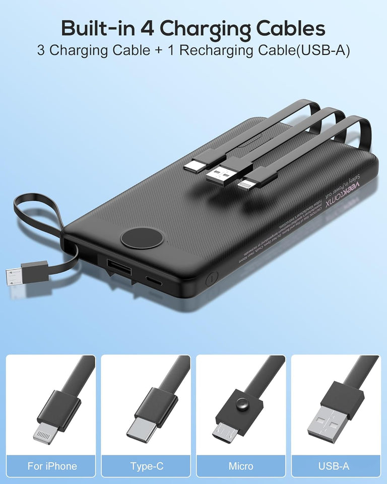 VEEKTOMX Portable Charger Built-in Cables, 10000mAh Power Bank for iPhone, Fast Charge USB C Battery Pack Travel Essentials Powerbank Compatible with iPhone 17/16/15/14, Samsung S25/24, Android, etc