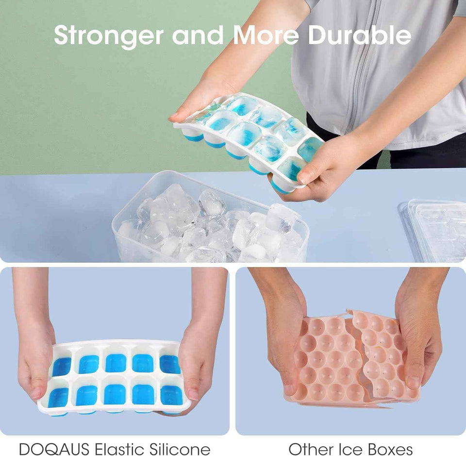 DOQAUS Ice Cube Tray with Lid and Bin, 4 Pack Silicone Plastic Ice Cubes Trays for Freezer with Box/Container, Stackable with Storage Iced Bucket Kits, Scoop, for RV, Soup, Food, Cocktail, Coffee