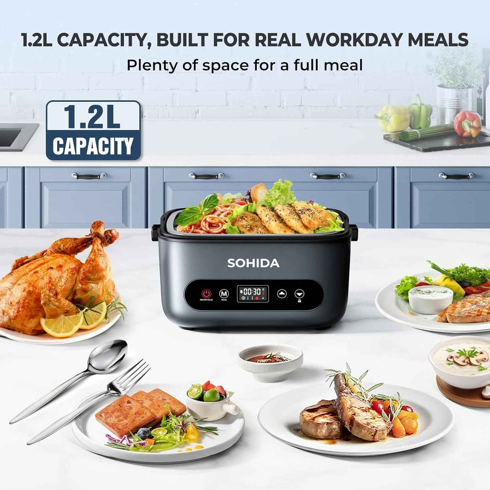 100W Cordless Electric Lunch Box for Adults & Men, Rechargeable Battery Powered Heated Lunch Box, 1.2L Portable Food Warmer Lunchbox with 5-Sided Heating for Work Car Outdoor Use