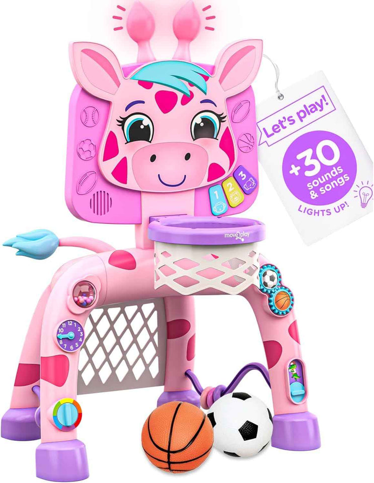 move2play giraffe basketball hoop & soccer goal activity center for 1, 2, 3+ year old