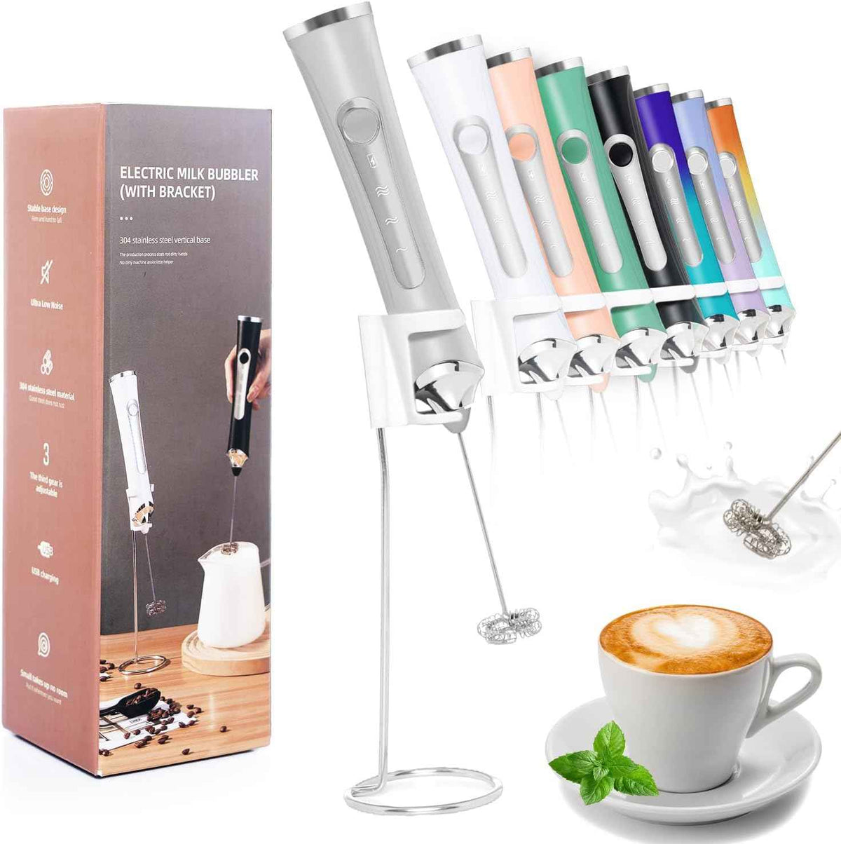 Rechargeable Milk Frother Handheld For Coffee,3 Speeds Frother Wand With Stand, Batidora De Mano Electrica,Coffee Frother With 2 Heads,Drink Mixer Electric Handheld,Kitchen Essentials(Black)