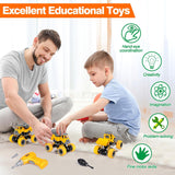 LUDILO Toys for 3 4 5 Year Old Boy Birthday Gift: 4PCS Take Apart Construction Truck Excavator Toy with Electric Drill, Kids Building Stem Learning Toy Gifts for 3 4 5 6 Year Old Boys Toys Age 4-6 3-5